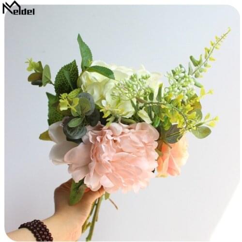 Meldel Silk Peony Rose Artificial Flowers for Wedding Bouquet Home Decoration Hydrangea Silk Large Fake Flower Head Plastic Stem