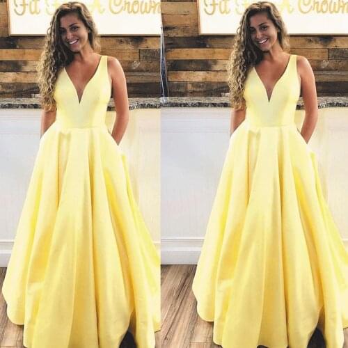 SuperKimJo Robe V Neck Prom Dresses with Pockets Yellow Satin Elegant Simple Cheap Prom Gown Abendkleider Sukienki