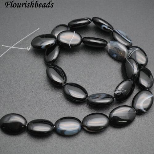 High Quality 13x18mm White Veins Banded Black Onyx Agate Stone Flat Oval Loose Beads