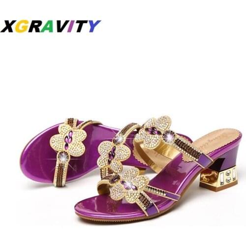 XGRAVITY New Design Summer Shoes Butterfly Crystal High Heels Sexy Ladies Fashion Party Shoes Open Toe Slip On Slides WomenD039