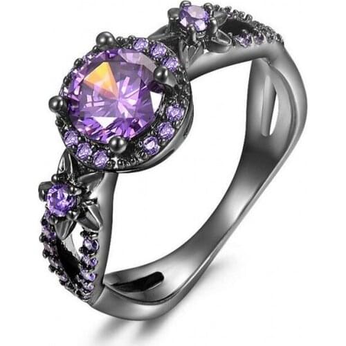 Size 5-10 Hot Stunning Jewelry 10KT Black Gold Filled Round Cut Purple AAA Cubic Zirconia Simulated stones Wedding Women Ring