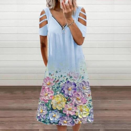 Women Sexy Dress Zipper V Neck Loose 5 Colors Ladies Marbling Printing Hollow Out A Line Mid-Calf Length Short Sleeve Dresses