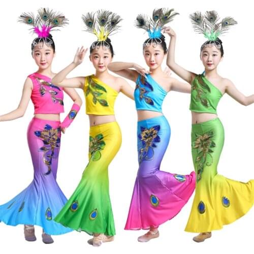 2021 Kids Dresses for Girls Traditional Chinese Clothing Peacock Dai Dance Costumes Stage Performance Folk Hanfu Festival Wear