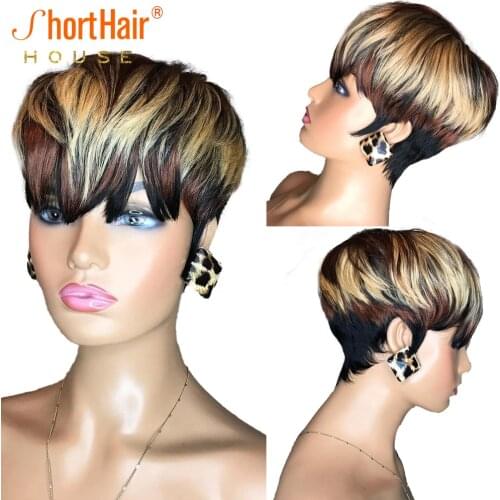 #27 Color Highlight Short Cut Bob Human Hair Wigs With Natural Bangs For Black Women Brazilian Straight No Lace Wig Natural Wigs