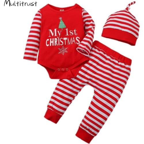3PCS Newborn Baby Christmas Clothes Set Kids Infant Boys Girls Letter Print Romper Jumpsuits+Striped Pants Xmas Clothing Outfits