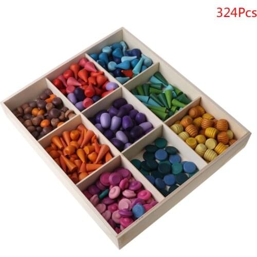 324Pcs Kids Wooden Toys Rainbow Block Loose Parts Mushrooms Honeycomb Droplets Tree Cones Creative Building Blocks