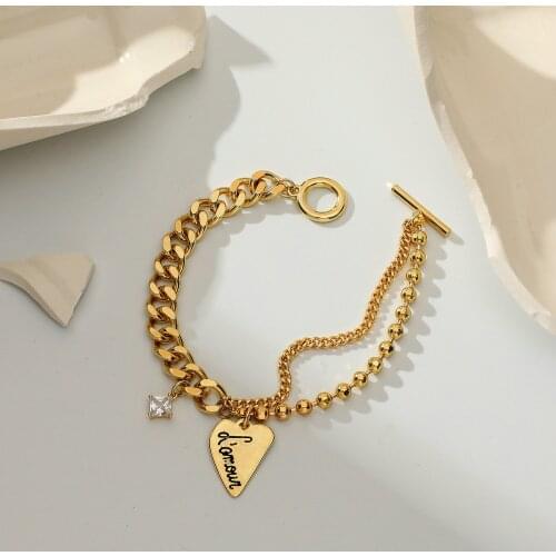 8mm Gold Plated Cuban Chain Round Bead Thick Chain Bracelet Square Zircon Charm Chain Letter Carved Heart Bracelet Women Gift