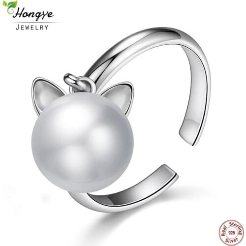 Hongye 925 Sterling Silver Cute Cat Real Natural Freshwater Pearl Ring Open Rings For Women Fashion Girl Jewelry Accessories