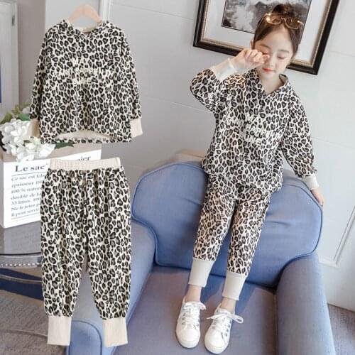 European Style Girls Fashion Leopard Clothing Set Spring Fall Children Hooded Sweatshirt + Pants 2 Pcs Kids Clothes Twinset X449