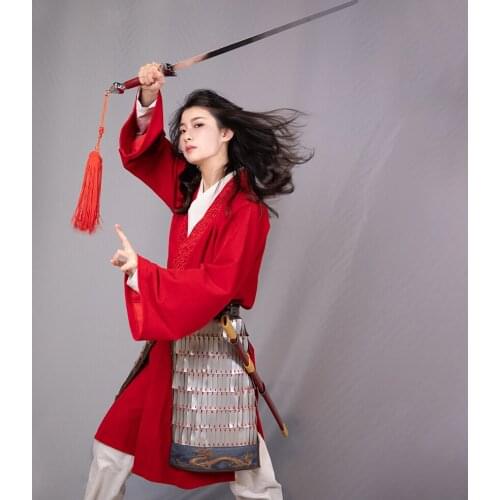Hua Mulan Movie Cosplay Party Costume Women Chinese Hanfu Red Robes Soldier Army General Combat Uniforms Set Japanese Samurai