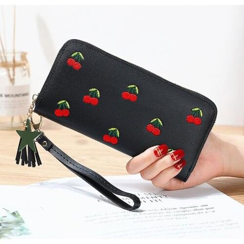 Fashion Women Girls Long Wallet PU Leather Cherry Embroidery Korean Clutch Bag Coin Purse Card Holders Lady Girl Mini Money Bag