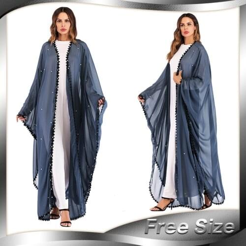 Dubai Middle East Muslim Trend Lace Stitching Beads Loose Lacing Long Sleeve Cardigan Robe Ladies Pure Color Chiffon Jacket
