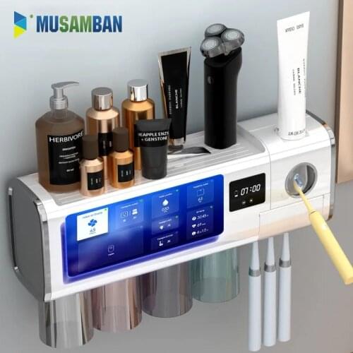 MUSAMBAN Multifunctional UV Toothbrush Holder Turbofan Toothpaste Squeezer Dispenser Bathroom Shelf Organizer Storage Rack Box