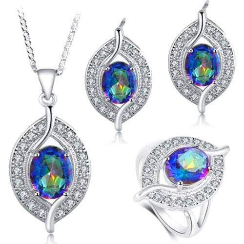 Stamped Earring Necklace Pendant rings Wedding Rainbow AAA CZ Fashion Jewelry Set for party JS632
