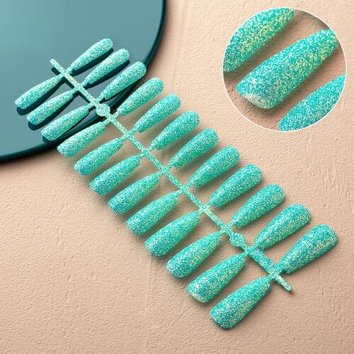 24pcs Glitter Powder Candy Color Llong Press on Nails Fashion and Easy Use Full Cover Coffin Fake Nails for Manicure DIY