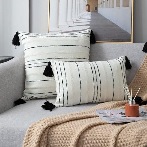 DUNXDECO Morocco White Black Geometric Cushion Cover Decorative Pillow Case Bohemia Modern Cotton Knitting Tassels Sofa Coussin