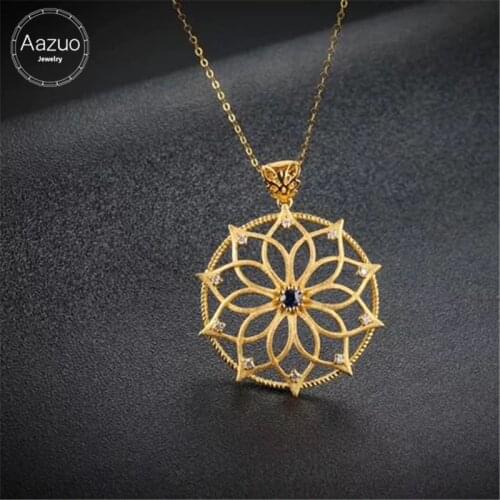Aazuo 100% 18K Yellow Gold Real Diamond IJ SI Natural Sapphire Round Free Pendent Necklace gifted for Women Wedding Party Au750