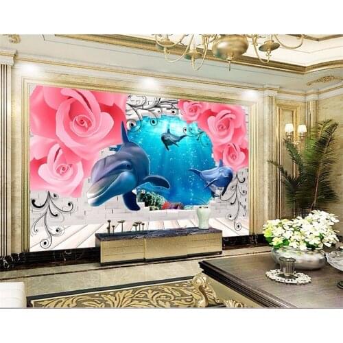Modern Roses dolphins Brick wall Custom 3D Mural Wallpaper Childrens room TV Backdrop Bedroom Wall papers Home Decor beibehang
