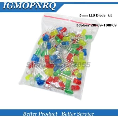 5Colors*20PCS=100PCS 5mm LED Diode Light Assorted Kit Green Blue White Yellow Red each 20pcs Component sample package F5MM