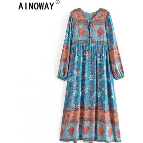 Vintage chic women neck tie Ethnic floral print beach Bohemian maxi dress Ladies ruffles Boho pleated dress vestidos