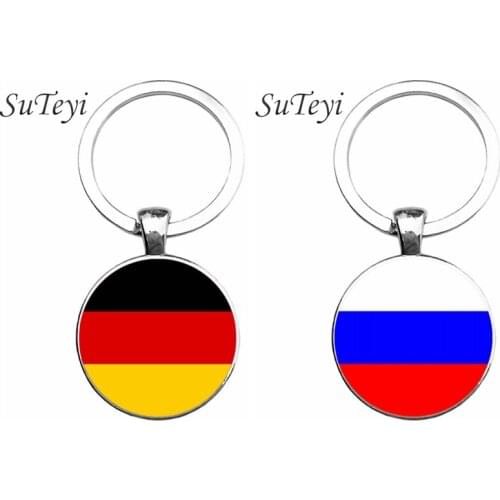 SUTEYI Vintage Germany/Russia Flag Art Keychain Crystal Men Bag/Car Key Ring Jewellery Glass Dome Women Handbag Key Chain
