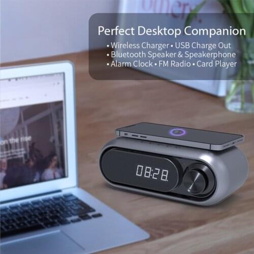 Waterproof wireless charging bluetooth speaker portable clock display FM radio speaker with mobile power alarm clock thermometer