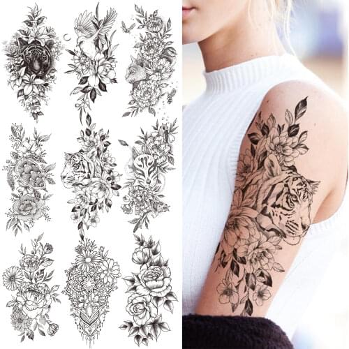 Tiger Flower Temporary Tattoos For Women Girls Adults Realistic Fake Cluster Peony Tattoo Sticker Black Anemone Tatoos Forearm