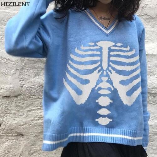 Y2K Grunge clothes Sweaters Women Streetwear Knitted Pullover Skeleton Jacquard Fashion HipHop Harajuku Oversized Outwear Jumper