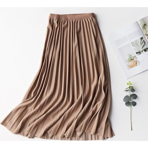 Casual Midi Long Pleated Skirt Women 2020 Spring Ladies Fashion Korean High Waist Black Beige A-line Sun School Skirts Female