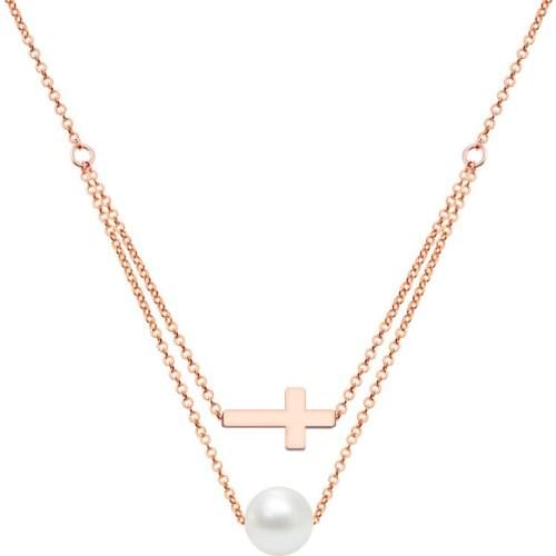 Stainless Steel Jewelry Rose Gold Jewelry Pearl Necklace With Cross Pendant Double Mult-Layer Necklace For Valentine Day Gift