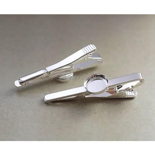Tie Clip Bar with Round Deep Wall Bezel Cups on center Blank Resin Cabochons Settings Silver plated Mens Tie Clip Clasps