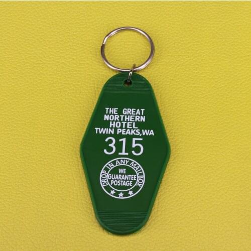 Green with white printed "Twin Peaks" Inspired "GREAT NORTHERN hotel keychain Great Northern Notepad '315' Keytag Ke Enamel Pin