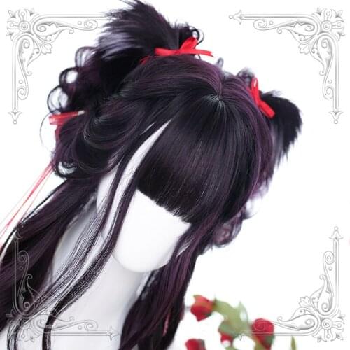 Female Long Wavy Bangs Enchanting Wig Black Purple Gradual Change Animal Ear Women Slight Curly Wigs Cosplay Party