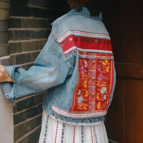 Ethnic Floral Embroidery Denim Jeans Jacket Women Beading Tassel Long Sleeve Pocket Denim Jackets Casual Loose Cotton Coats 2020