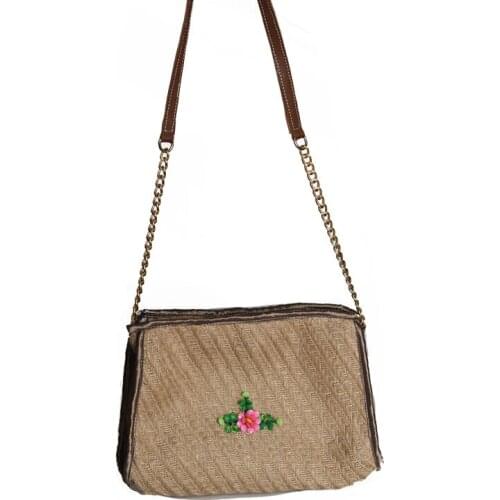Womens Beading Flower Detail Jute Straw Chain Strap Shoulder Bag
