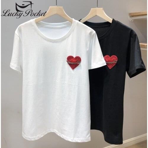 Women Summer New O-Neck Heart Spliced Cotton T-Shirt Ladies Casual Fashion Short Sleeve Tops Lovers Loose Solid Color Tees ML43
