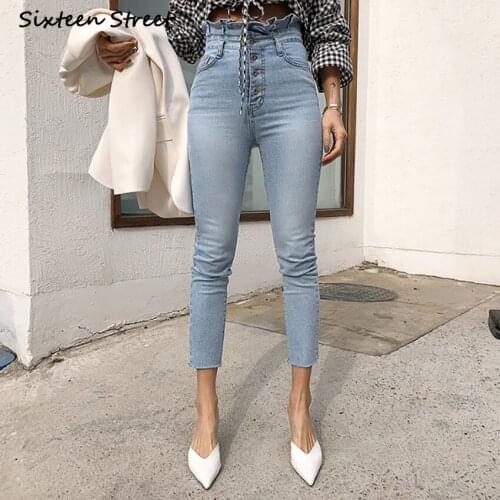 High Waist Jeans Female 2020 Korean Style Vintage Clothes Breasted Y2K Pants Aesthetic Lace Skinny Jeans Women Stretched Denim