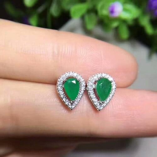 Fashion natural emerald stud earrings Natural gem stone earrings Small water droplets S925 silver girl earrings gift jewelry