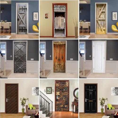 Retro Simulation Wooden Door 3D Wallpaper Self-adhesive Door Sticker Waterproof Removable PVC Mural Wall Sticker Home Decoration