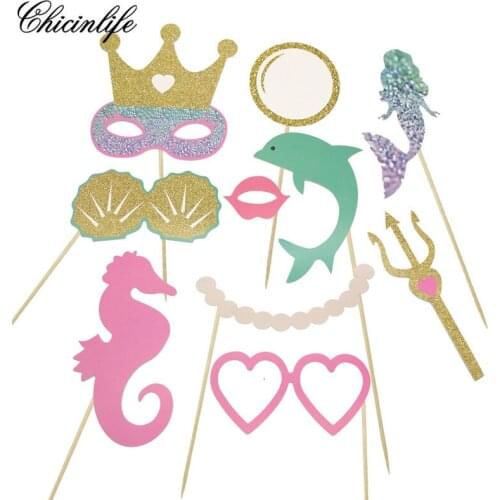 Chicinlife 10Pcs Lets Be Mermaid Photo Booth Prop Happy Birthday Party DIY Baby Shower Party Favor Decorations supplies