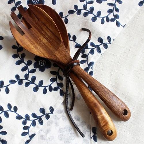 2Pcs Wooden Salad Spoon Fork Large Serving Spoon Set Salad Server Wood Kitchen Utensils Long Handle Soup Spoon Ladle Tableware