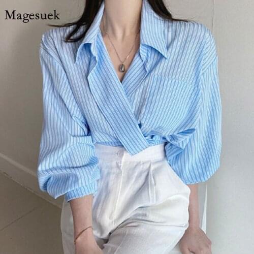 Elegant Striped Gentle Chic Pocket Women Shirts Summer Autumn 2020 V-neck Loose Female Blouse Lady White Tops Blusas Mujer 12375