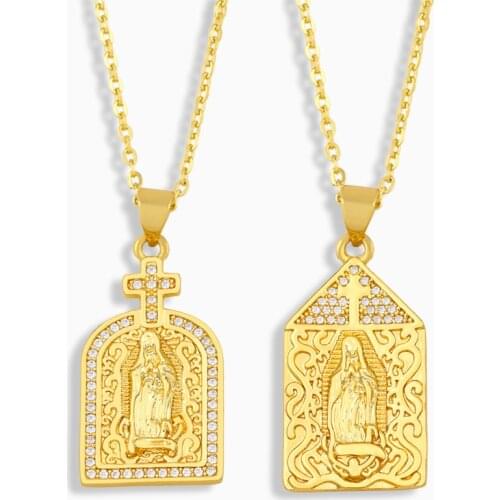 FLOLA CZ Pave Zirconia Virgin Mary Necklace For Women Gold Cross Pendant Necklace Catholic Jewelry virgen de guadalupe nkev16