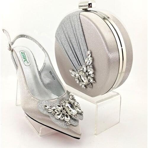 2020 New Arrival Italian design African Lady Shoes Purple Color Shoe And Bag Set Decorated with Rhinestone For Wedding And Party