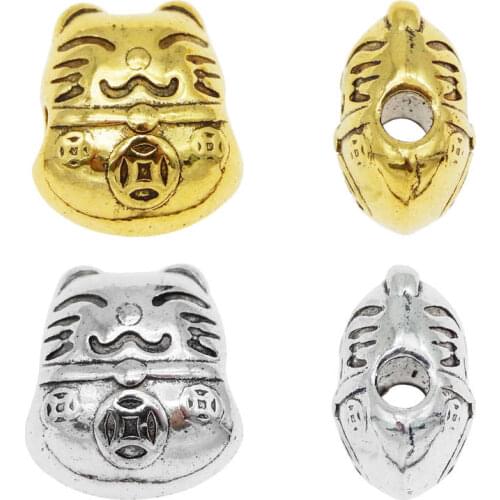 Julie Wang 8PCS 12mm Japanese Lucky Cat Beads Animal Spacer Bead Golden Silver Color Bracelet Jewelry Making Accessory Findings