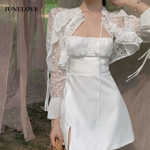 JuneLove Spaghetti Strap Slash Neck Summer Split Party Lace Patchwork Smock Lace-up Elegant Mini Dress Casual Sexy Women Dress