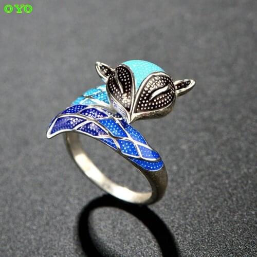 S925 sterling silver fox adjustable size ring bake blue craft