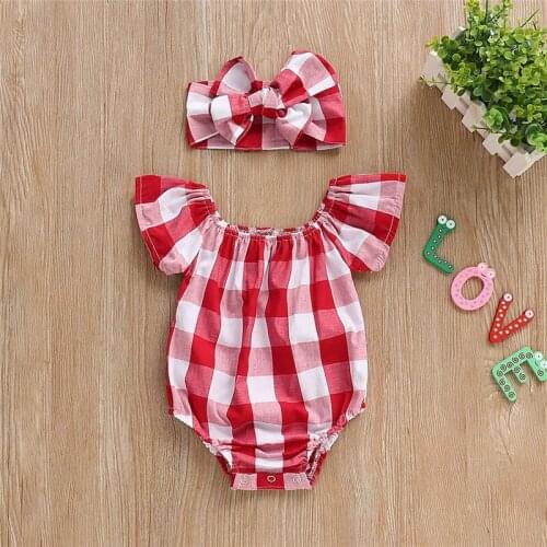 Summer Kids Baby Girl Red Plaid Ruflles Romper Fly Sleeve Cross Jumpsuit Bowknot Headband Jumpsuit Clothes Outfit Set 0-18M