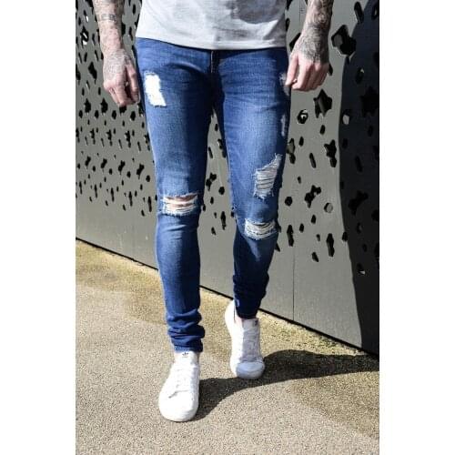 2020 New Slim Cut Classic Men Jeans Destroy Knee hole 100% cotton stretchable fabric fashion man pants Vintage yellow jeans