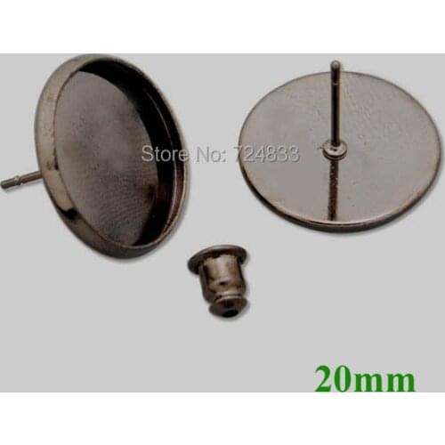 20mm New Gunmetal Black Blank Bases Round Bezel Tray Pin Stud Earrings Post w/ Bullet Stopper Settings Findings Bulk Wholesale